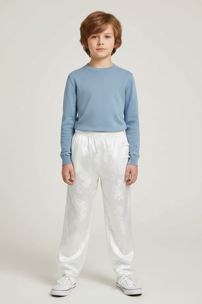 Pantalon Chinois Blanc Satiné Ample Fleuri Enfant