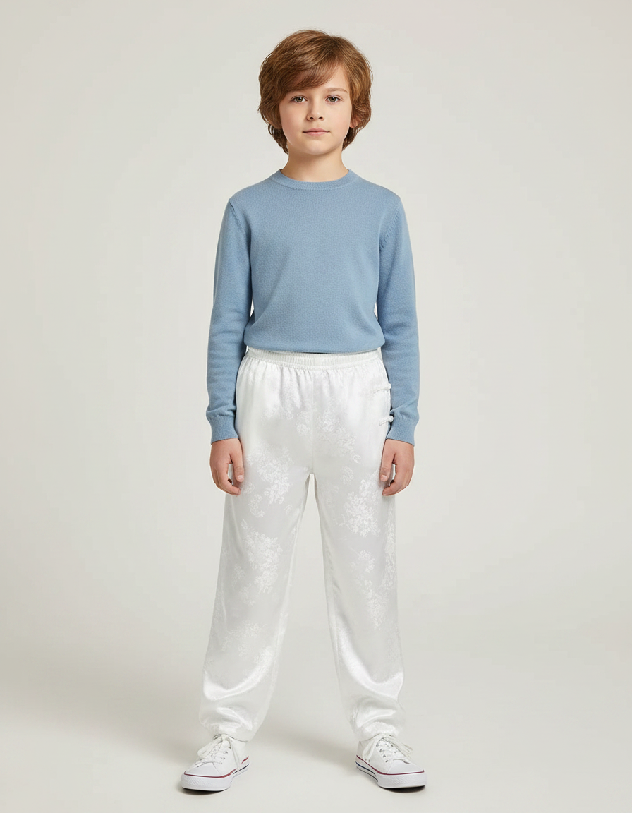 Pantalon Chinois Blanc Satiné Ample Fleuri Enfant