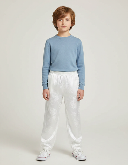 Pantalon Chinois Blanc Satiné Ample Fleuri Enfant