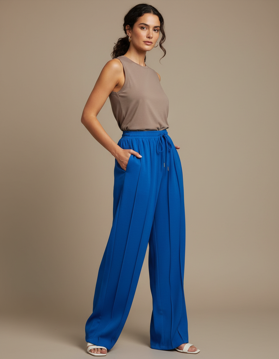 Pantalon Chinois Bleu Droit Fluide Cordon Sport - Polyester