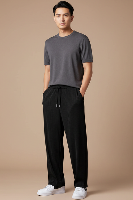 Pantalon Chinois Noir Plissé Ample Décontracté Homme - Polyester