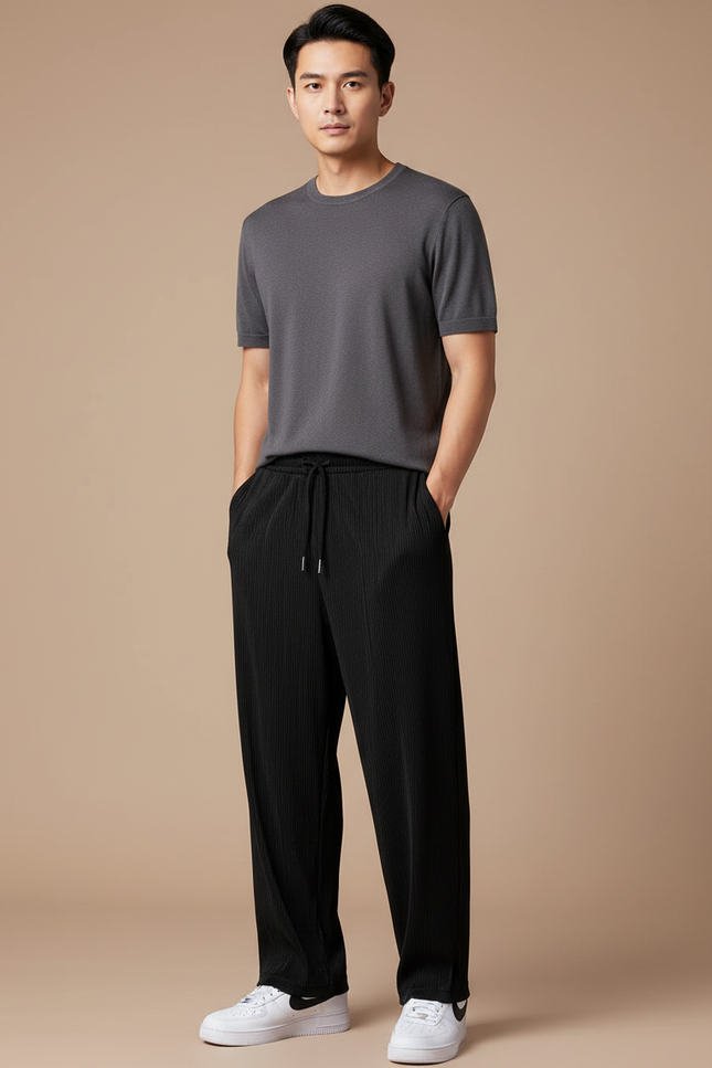 Pantalon Chinois Noir Plissé Ample Décontracté Homme - Polyester