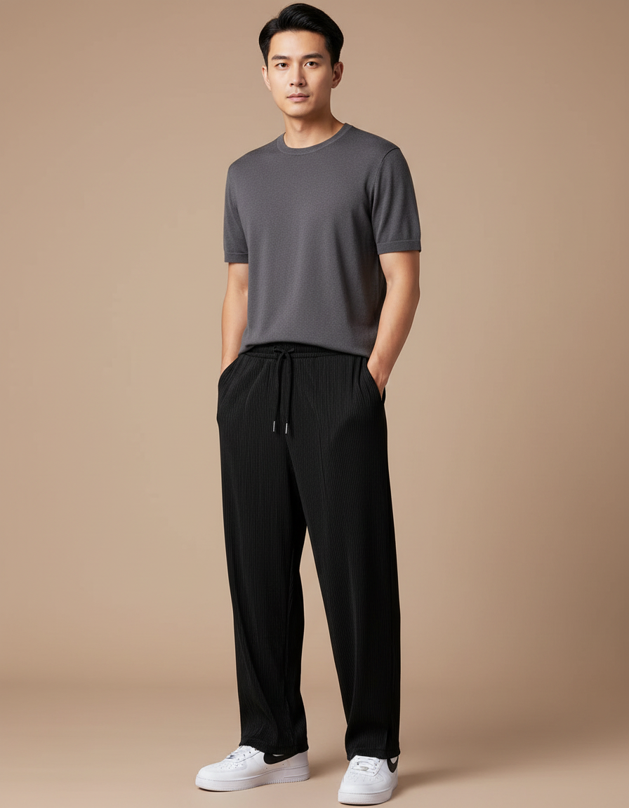 Pantalon Chinois Noir Plissé Ample Décontracté Homme - Polyester