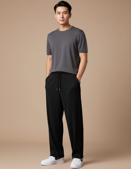 Pantalon Chinois Noir Plissé Ample Décontracté Homme - Polyester