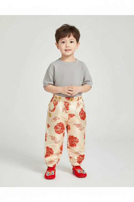 Pantalon Chinois Satin Beige Motif Rouge Enfant