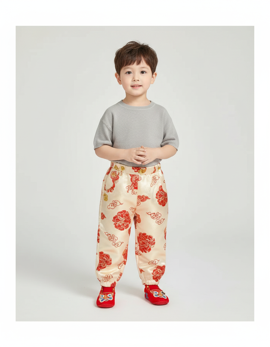 Pantalon Chinois Satin Beige Motif Rouge Enfant