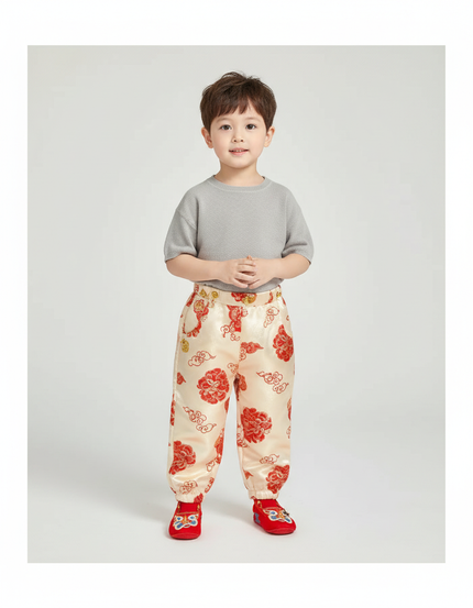 Pantalon Chinois Satin Beige Motif Rouge Enfant