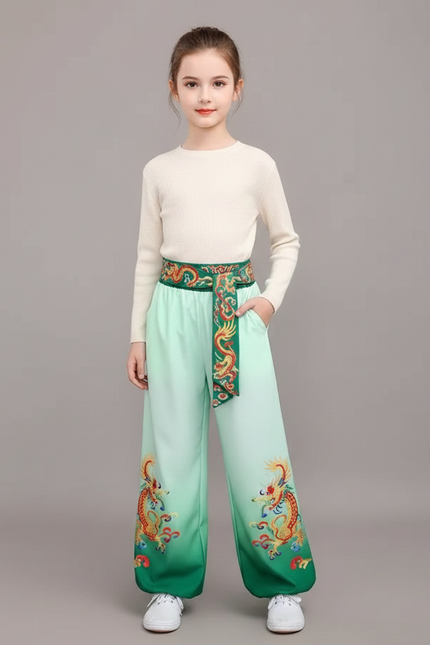 Pantalon Chinois Dégradé Vert Dragon Satiné Ample
