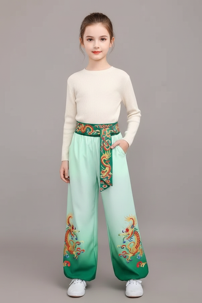Pantalon Chinois Dégradé Vert Dragon Satiné Ample