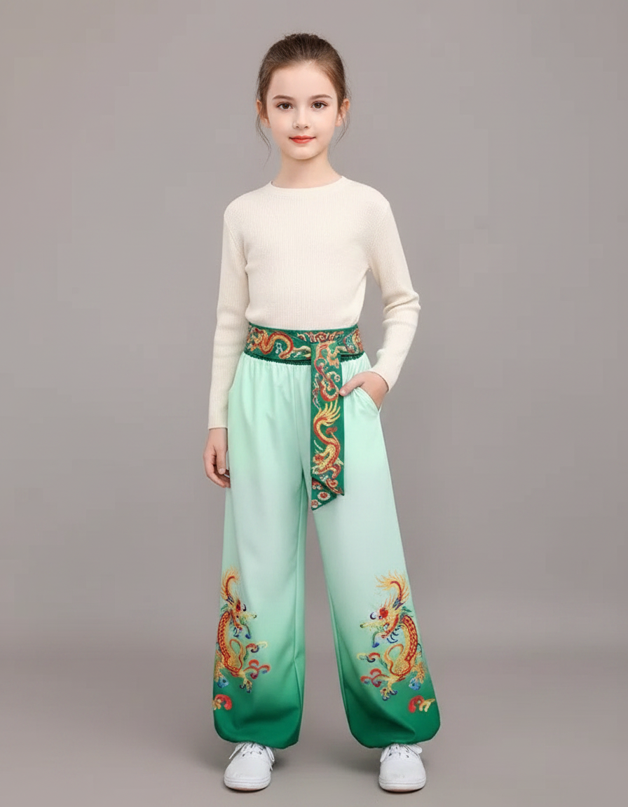 Pantalon Chinois Dégradé Vert Dragon Satiné Ample