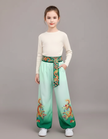 Pantalon Chinois Dégradé Vert Dragon Satiné Ample