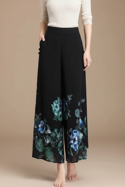 Pantalon Chinois Noir Floral Fluide Évasé Femme - Polyester