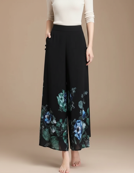 Pantalon Chinois Noir Floral Fluide Évasé Femme - Polyester