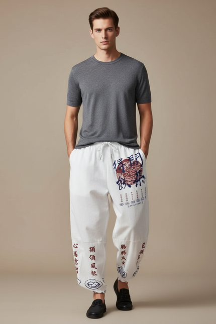 Pantalon Chinois Blanc Harem Imprimé Dragon Calligraphie Décontracté - Lin
