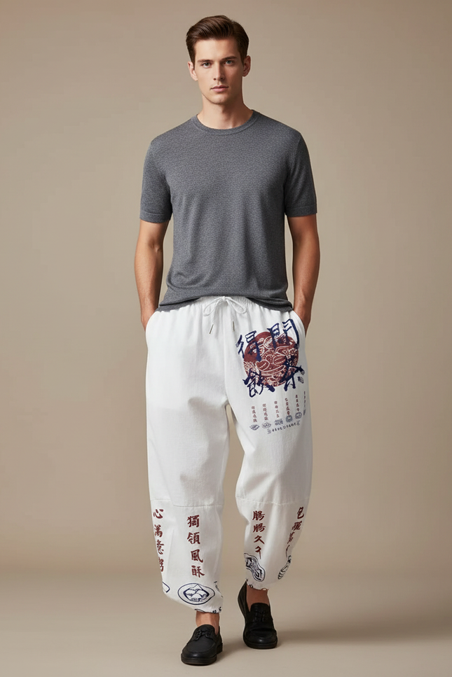 Pantalon Chinois Blanc Harem Imprimé Dragon Calligraphie Décontracté - Lin