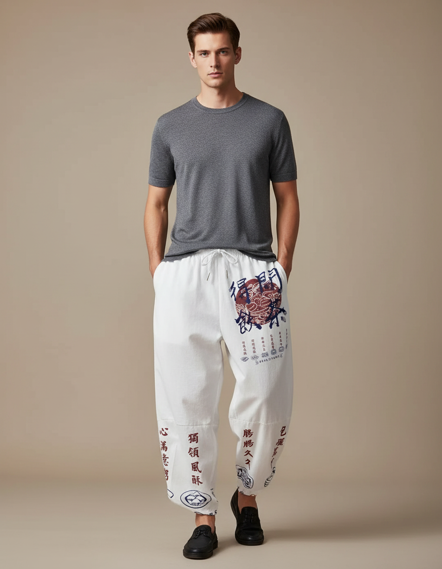 Pantalon Chinois Blanc Harem Imprimé Dragon Calligraphie Décontracté - Lin