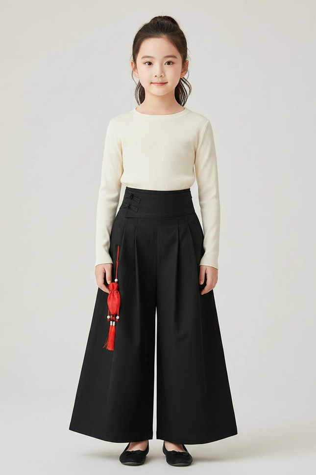Pantalon Chinois Noir Ample Plissé Fille Traditionnel - Gabardine