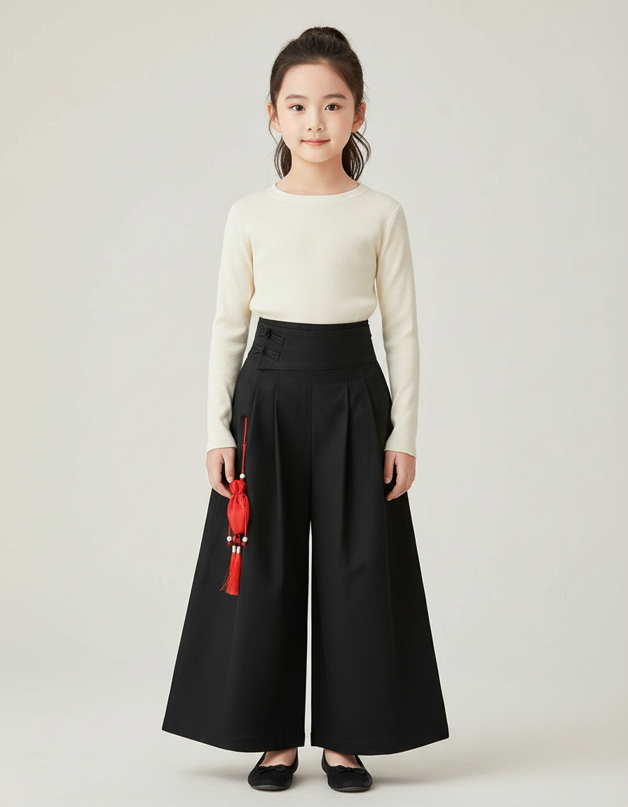 Pantalon Chinois Noir Ample Plissé Fille Traditionnel - Gabardine