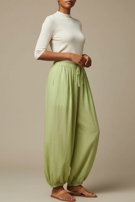 Pantalon Chinois Vert Ample Coton Lin Fluide