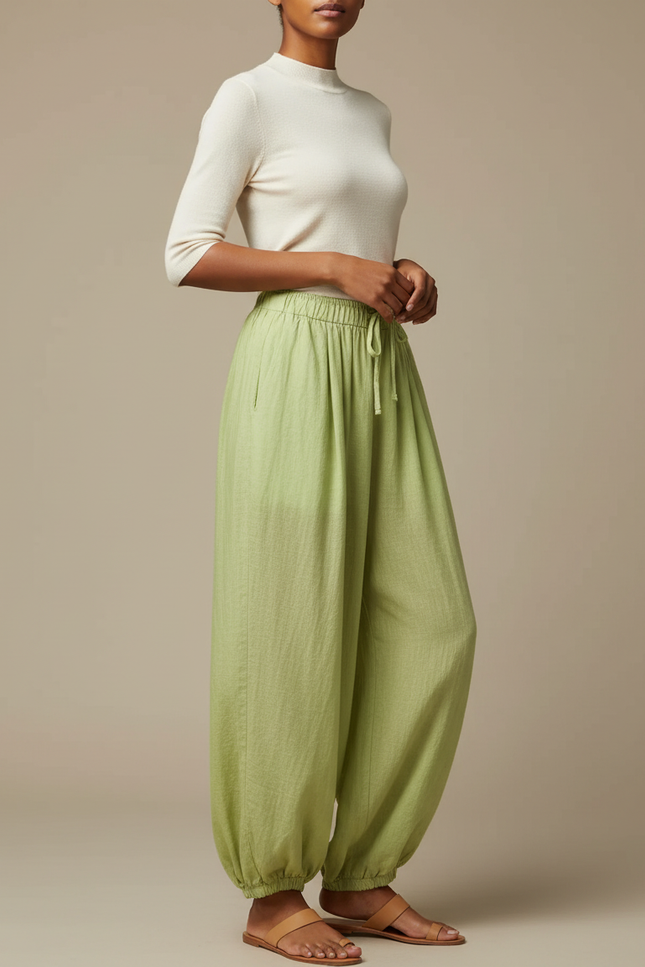 Pantalon Chinois Vert Ample Coton Lin Fluide