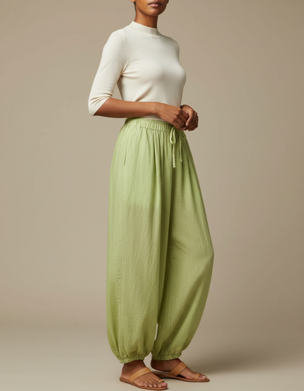 Pantalon Chinois Vert Ample Coton Lin Fluide