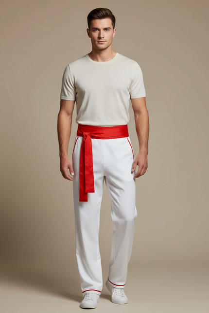 Pantalon Chinois Blanc Droit Rayures Rouges Homme - Gabardine