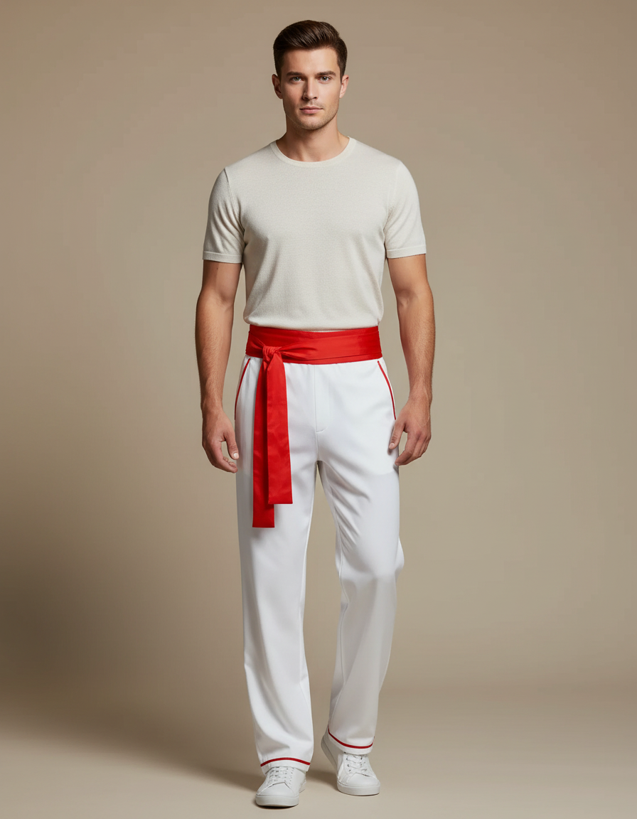 Pantalon Chinois Blanc Droit Rayures Rouges Homme - Gabardine