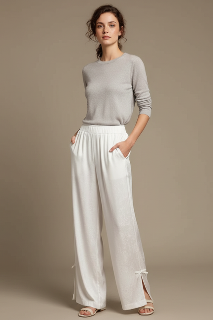 Pantalon Chinois Blanc Satin Fluide Ample Élégant