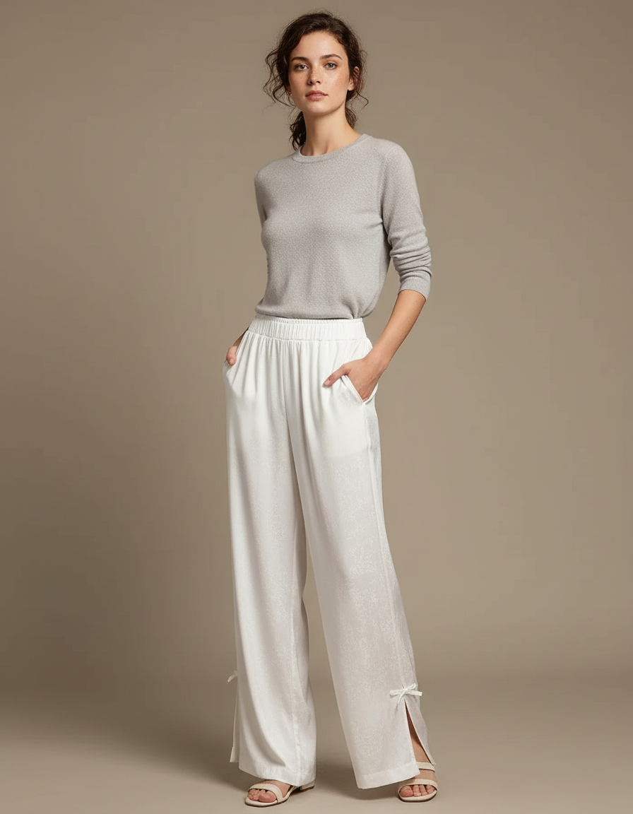 Pantalon Chinois Blanc Satin Fluide Ample Élégant