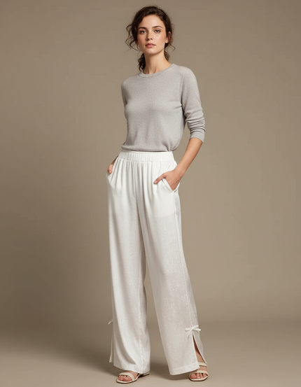 Pantalon Chinois Blanc Satin Fluide Ample Élégant