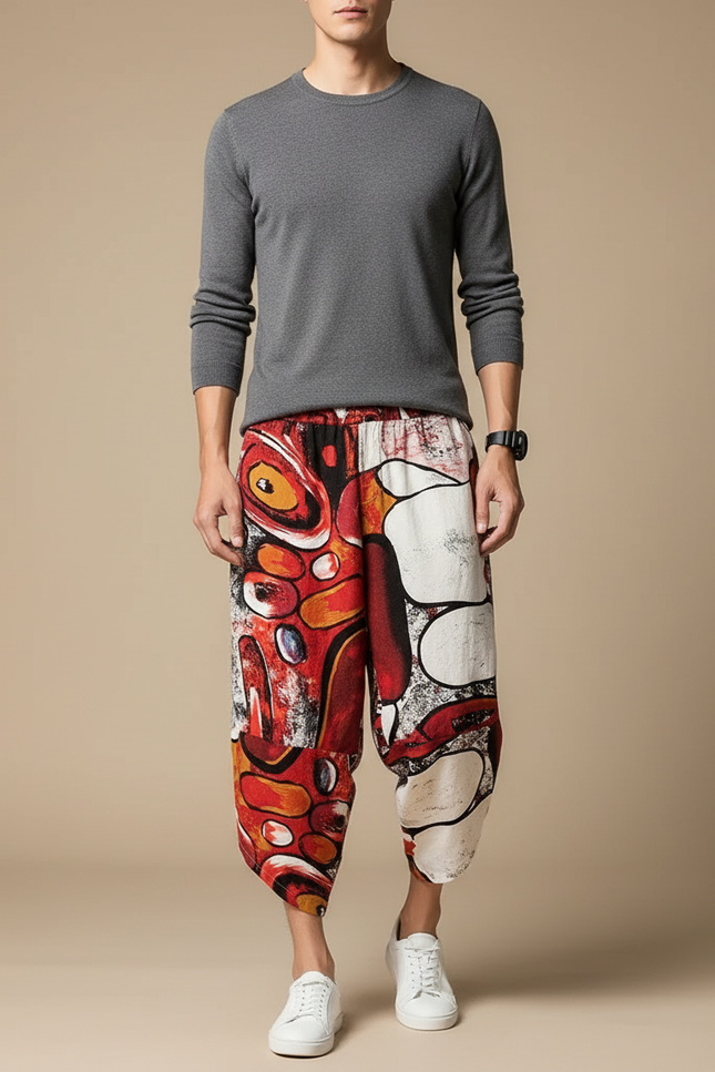 Pantalon Chinois Imprimé Abstrait Harem Ample Coton - Multicolore