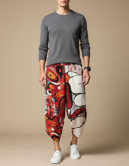 Pantalon Chinois Imprimé Abstrait Harem Ample Coton - Multicolore