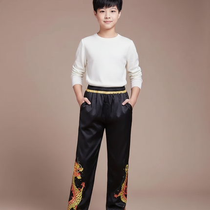Pantalon Chinois Noir Satiné Dragon Enfant Brodé