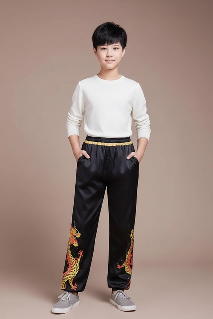 Pantalon Chinois Noir Satiné Dragon Enfant Brodé