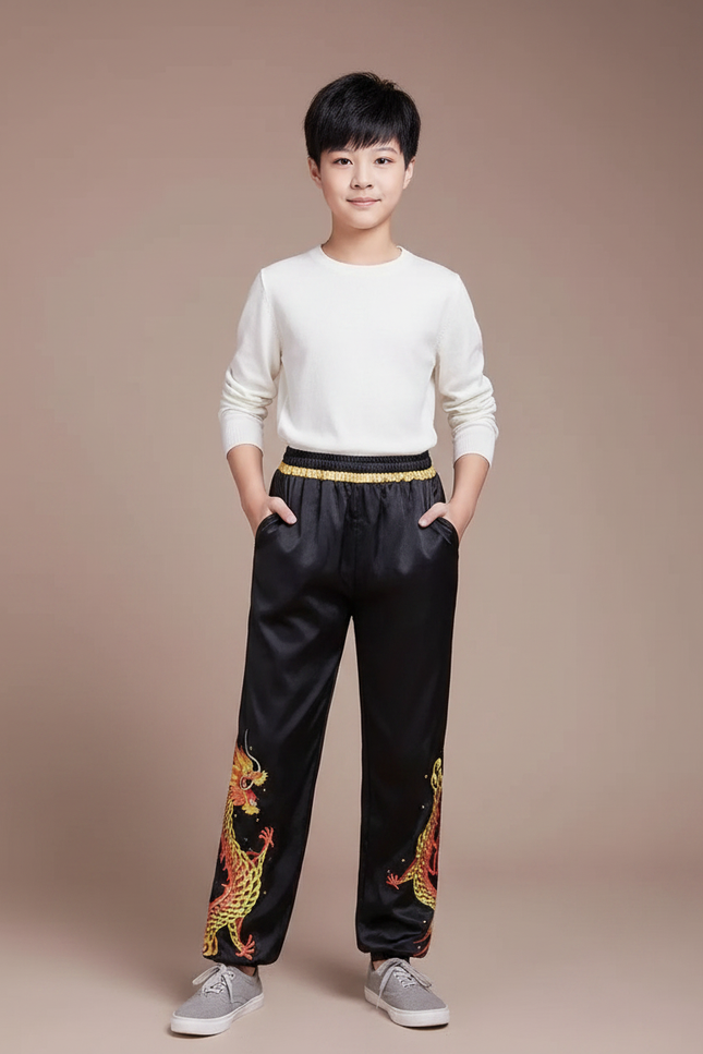 Pantalon Chinois Noir Satiné Dragon Enfant Brodé