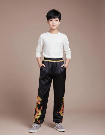 Pantalon Chinois Noir Satiné Dragon Enfant Brodé