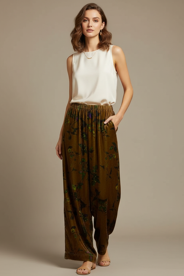 Pantalon Chinois Velours Floral Ample Marron Bohème