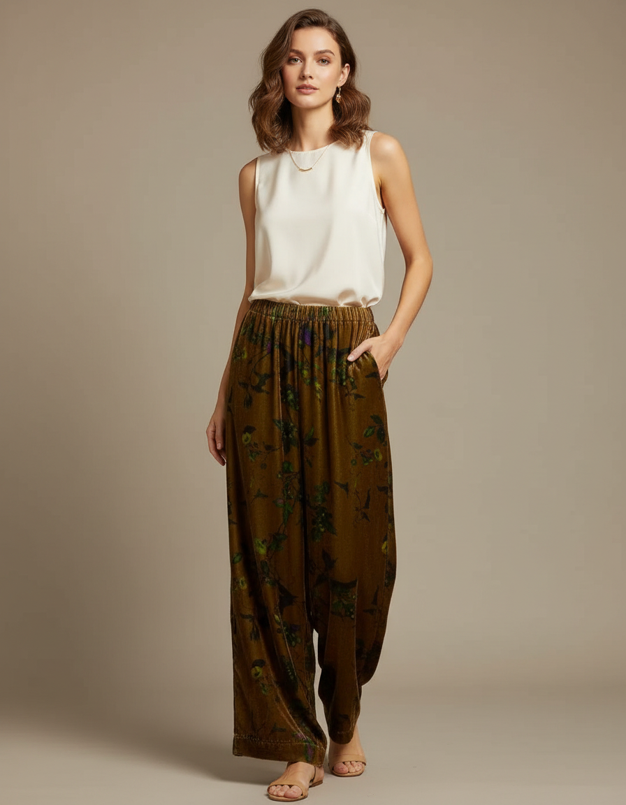 Pantalon Chinois Velours Floral Ample Marron Bohème