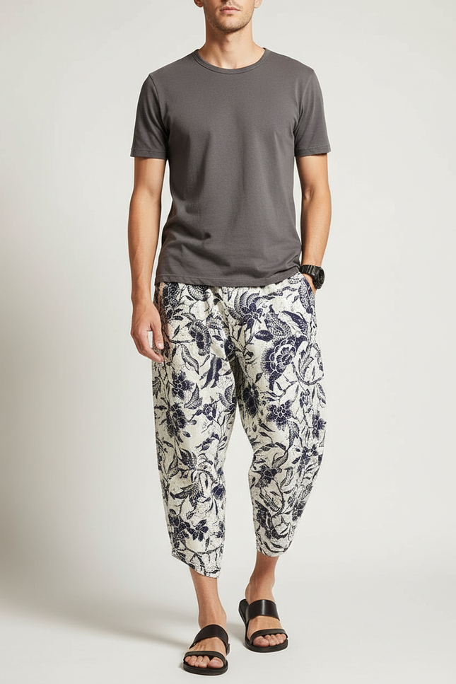 Pantalon Chinois Harem Imprimé Floral Ample Coton Lin