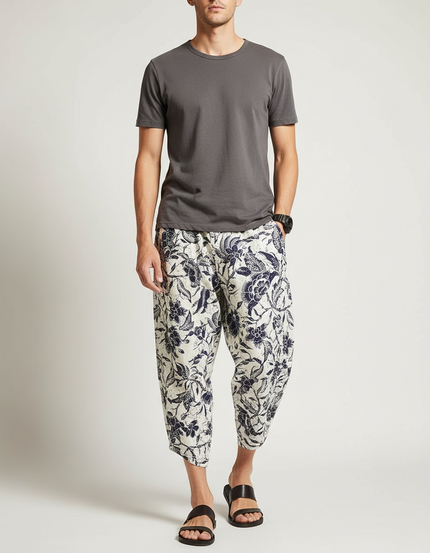 Pantalon Chinois Harem Imprimé Floral Ample Coton Lin