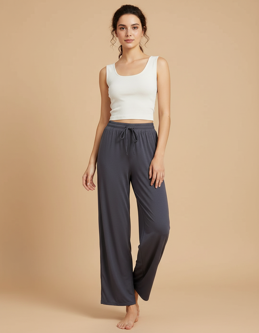 Pantalon Chinois Gris Droit Fluide Ample Femme - Viscose