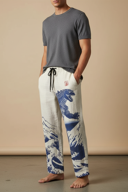 Pantalon Chinois Lin Ample Godzilla Vagues Décontracté - Imprimé