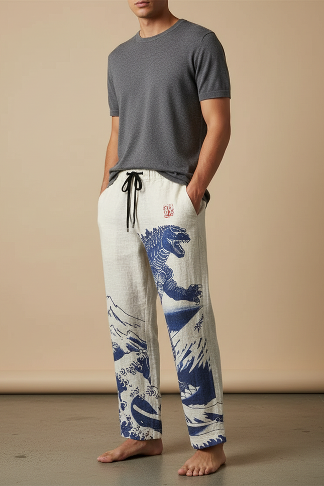 Pantalon Chinois Lin Ample Godzilla Vagues Décontracté - Imprimé