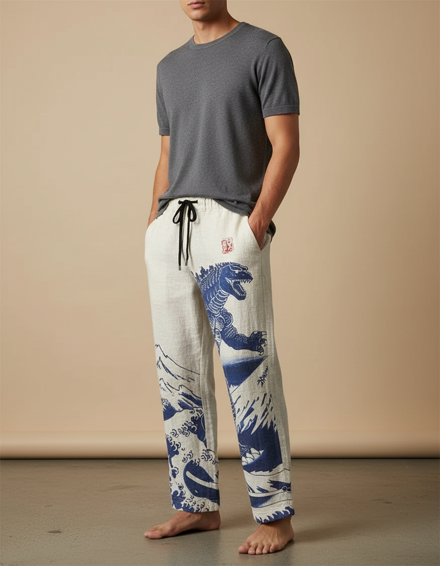Pantalon Chinois Lin Ample Godzilla Vagues Décontracté - Imprimé