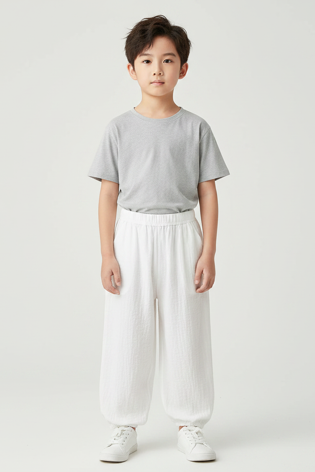 Pantalon Chinois Ample Blanc Coton Lin Garçon