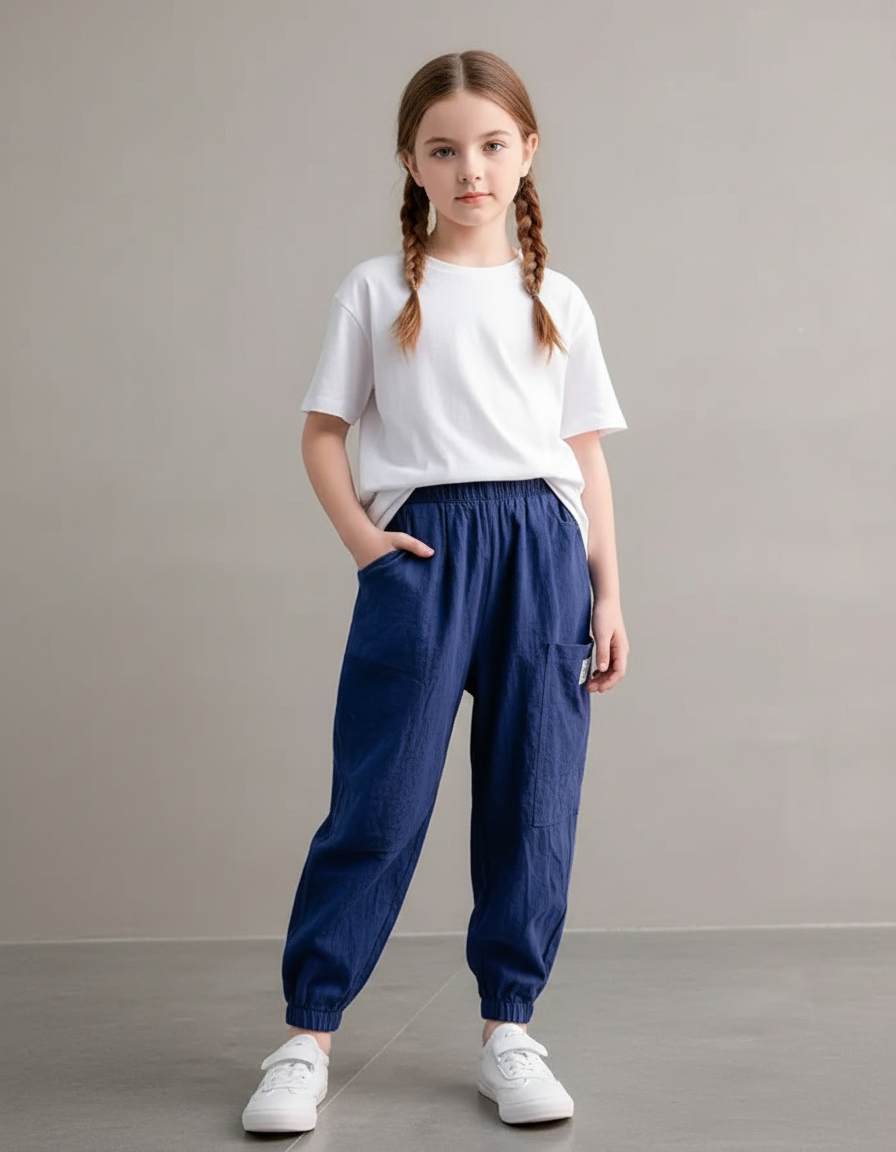 Pantalon Chinois Bleu Ample Lin Enfant Décontracté