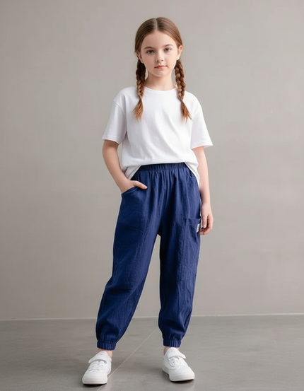 Pantalon Chinois Bleu Ample Lin Enfant Décontracté