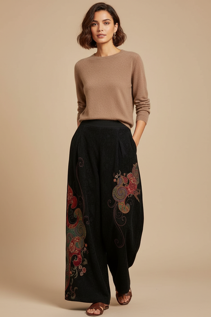 Pantalon Chinois Noir Brodé Ethnique Ample Floral - Cordé