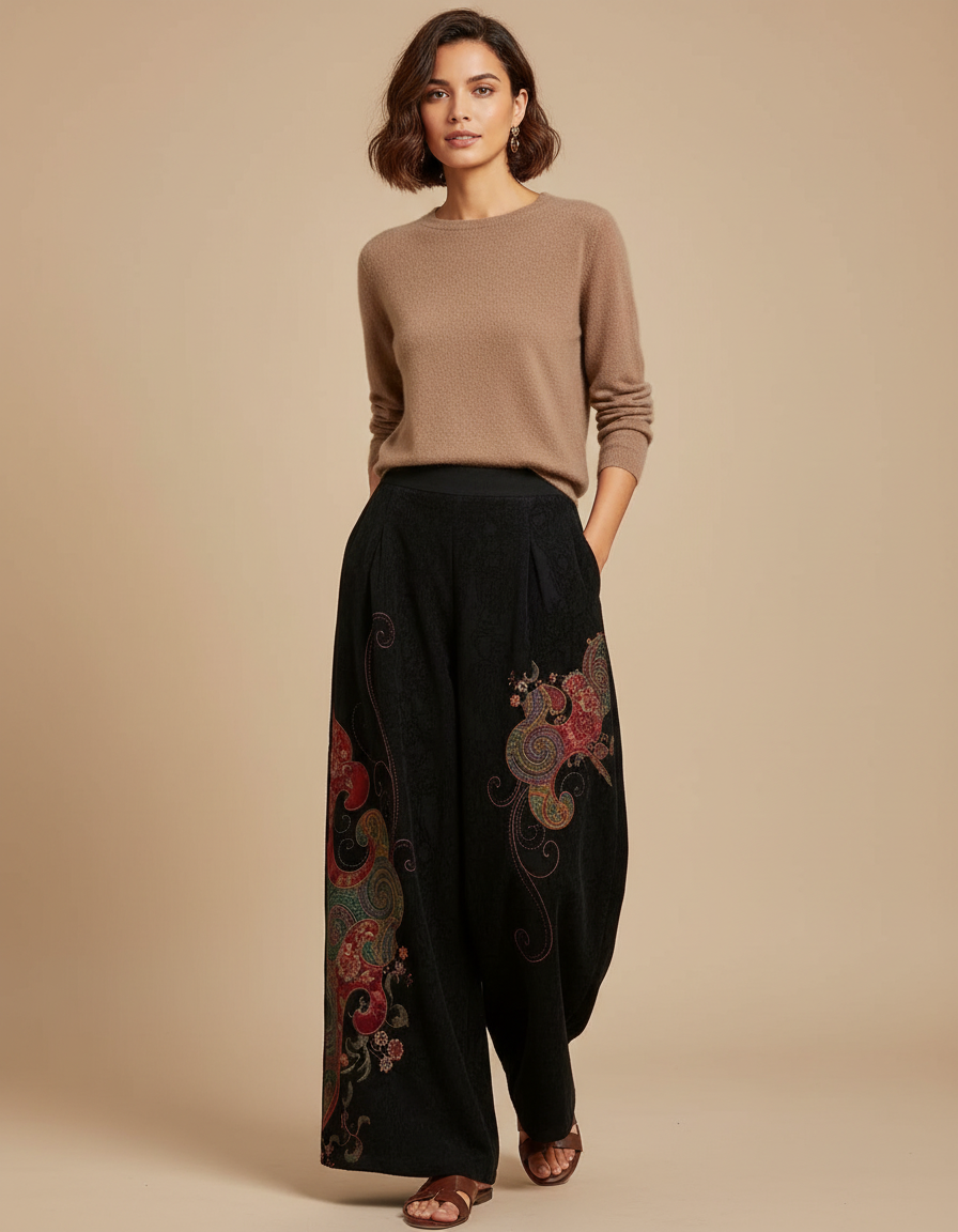 Pantalon Chinois Noir Brodé Ethnique Ample Floral - Cordé