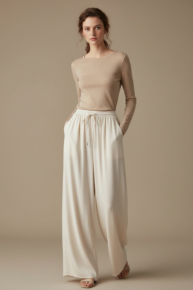 Pantalon Chinois Crème Fluide Soie Ample Femme Élégant - Beige